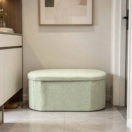 Sage Teddy Fabric Storage Bench – Oval Upholstered Seat