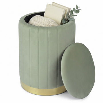 Sage Velvet Storage Stool with Gold Metal Base