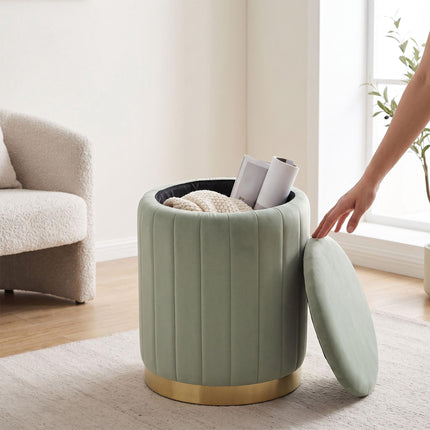 Sage Velvet Storage Stool with Gold Metal Base