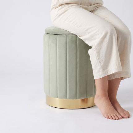Sage Velvet Storage Stool with Gold Metal Base
