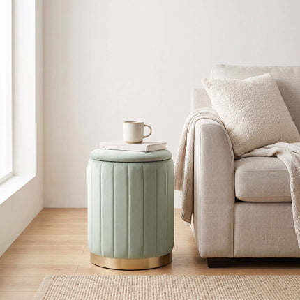 Sage Velvet Storage Stool with Gold Metal Base