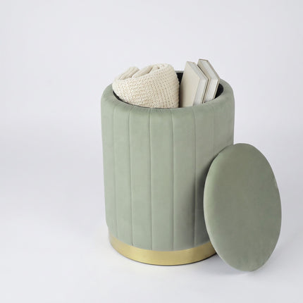 Sage Velvet Storage Stool with Gold Metal Base