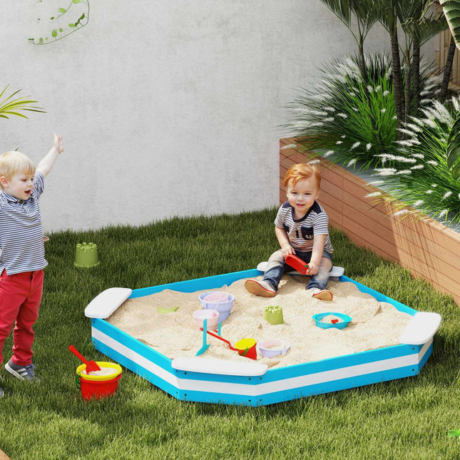 Wooden sandbox with bench & floor cover, 133x108 cm