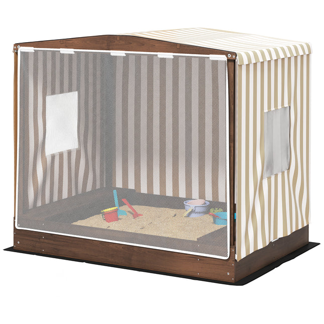 Wooden sandbox with bench & storage, 142 x 101.5 cm