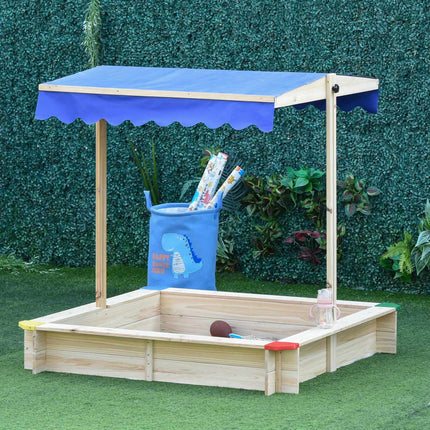 Children's sandbox in natural fir wood with crank roof, 120x120cm