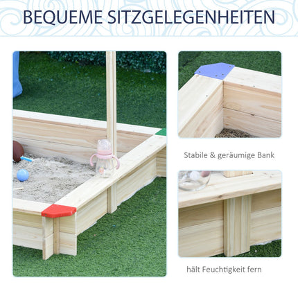 Children's sandbox in natural fir wood with crank roof, 120x120cm