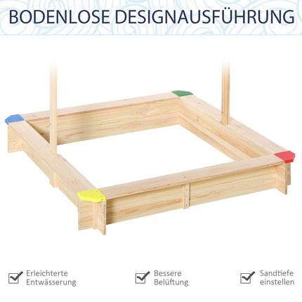 Children's sandbox in natural fir wood with crank roof, 120x120cm