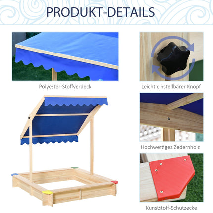 Children's sandbox in natural fir wood with crank roof, 120x120cm