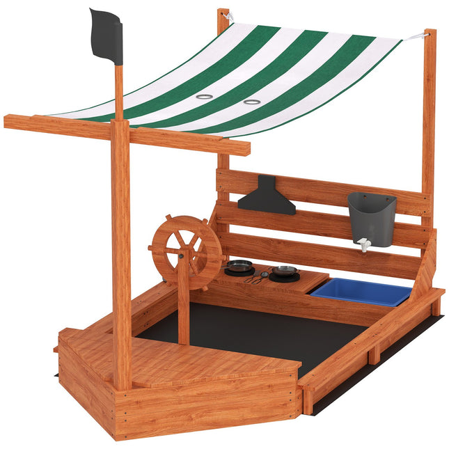 Large wooden sandbox with lid and play kitchen