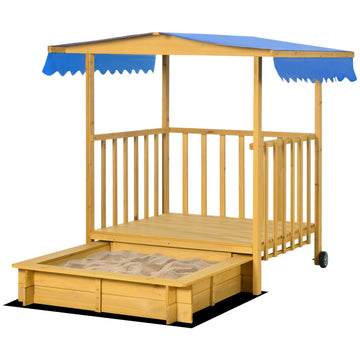 Wooden sandbox playhouse with roof, wheels, for 3-8 years