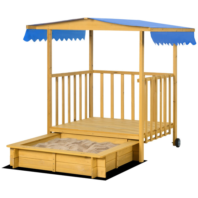 Wooden sandbox playhouse with roof, wheels, for 3-8 years