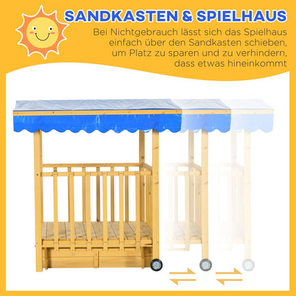 Wooden sandbox playhouse with roof, wheels, for 3-8 years