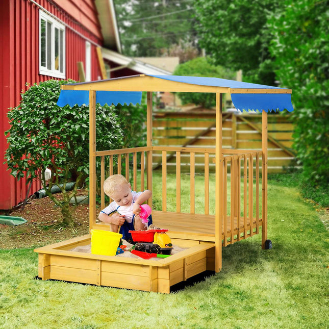 Wooden sandbox playhouse with roof, wheels, for 3-8 years