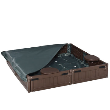 Children's brown sandbox with lid, 4-seater, 123x123x21cm