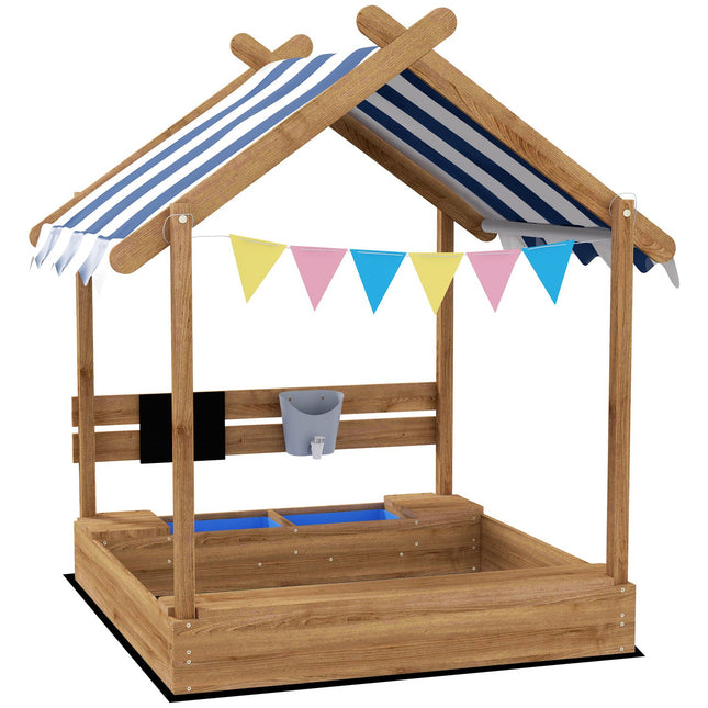 Wooden sandbox with roof and seat, 124x116x146cm, 3-7 years