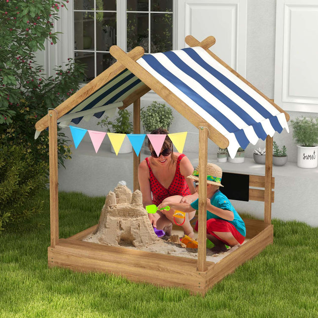 Wooden sandbox with roof and seat, 124x116x146cm, 3-7 years