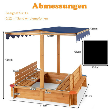 Sandpit with roof 120 x 120 cm sandpit made of cedar wood sandbox large with 2 convertible benches natural