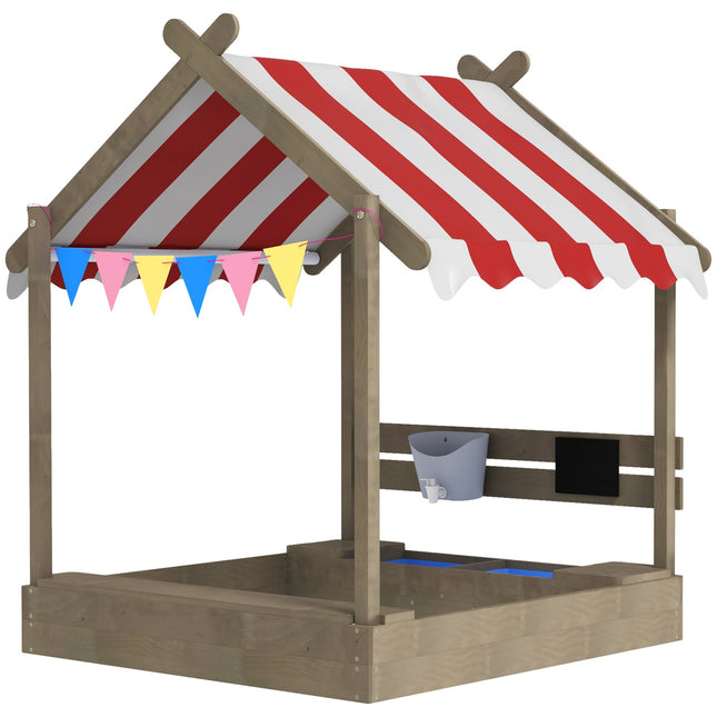 Wooden sandbox with roof & seat, 124x116x146 cm, Grey