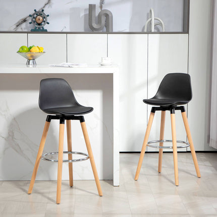 Scandinavian Bar Stools Set of 2, Wood Frame, Black