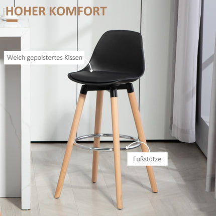 Scandinavian Bar Stools Set of 2, Wood Frame, Black