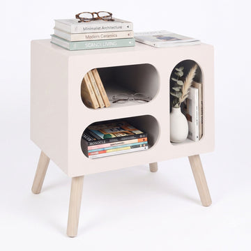 Scandinavian Bedside Table, White Pine, 3 Oval Shelves
