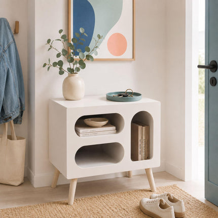 Scandinavian Bedside Table, White Pine, 3 Oval Shelves