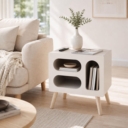 Scandinavian Bedside Table, White Pine, 3 Oval Shelves
