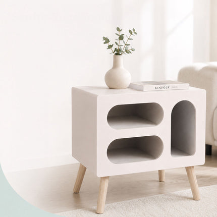 Scandinavian Bedside Table, White Pine, 3 Oval Shelves