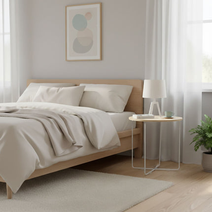 Scandinavian Side Table, Light Wood & White Metal