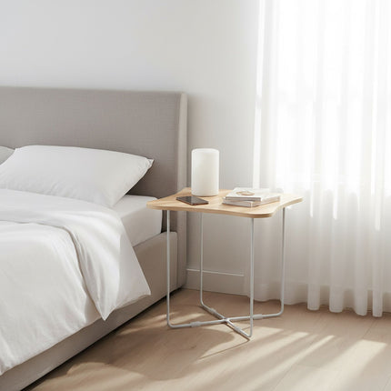 Scandinavian Side Table, Light Wood & White Metal