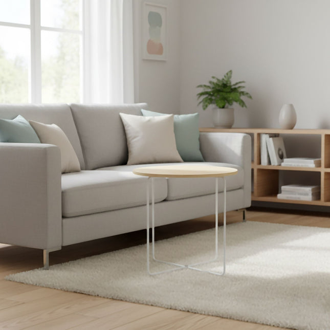 Scandinavian Side Table, Light Wood & White Metal