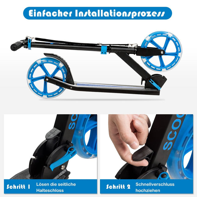 Scooter foldable kick scooter height adjustable 100 kg load capacity kick scooter with 2 LED wheels blue