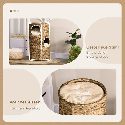 Cat Tower with 3 levels, cushioned, 73 cm - Water hyacinth