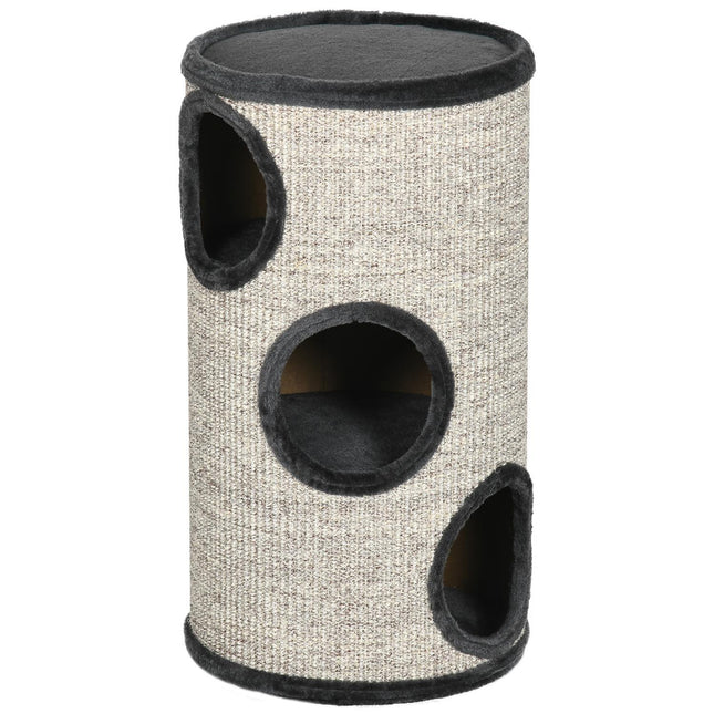 Cat Scratching Barrel with 3 sisal and plush caves, gray