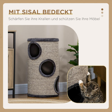Cat Scratching Barrel with 3 sisal and plush caves, gray