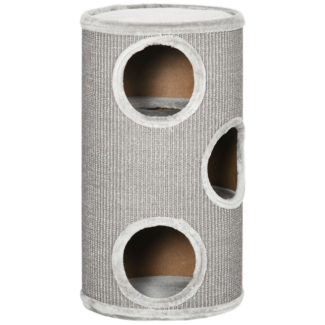 Cat Scratching Barrel with Sisal & Plush, 3 Caves, Light Grey