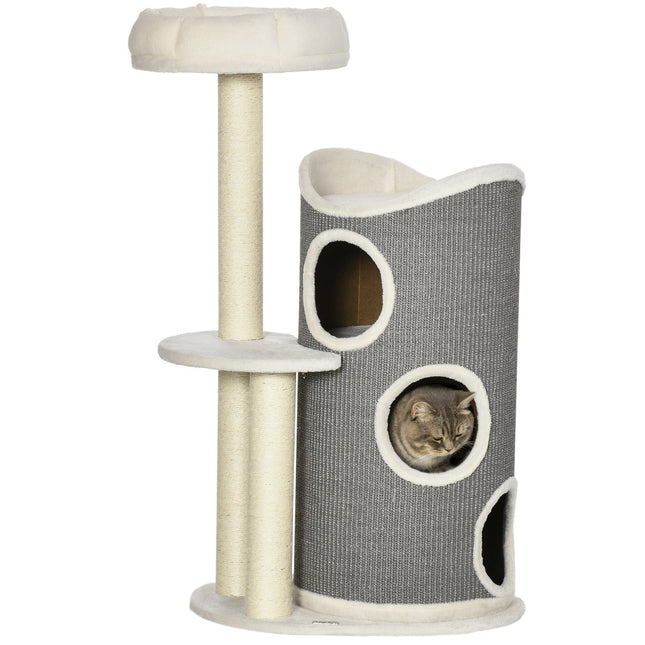 Cat tree 109cm with scratching post & bed, grey/white