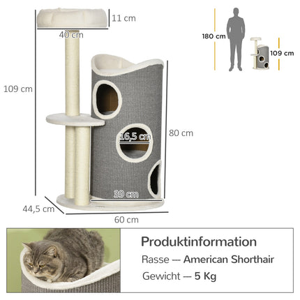 Cat tree 109cm with scratching post & bed, grey/white