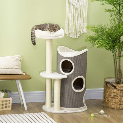 Cat tree 109cm with scratching post & bed, grey/white