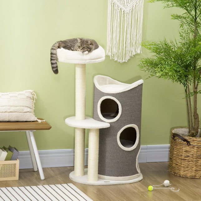 Cat tree 109cm with scratching post & bed, grey/white