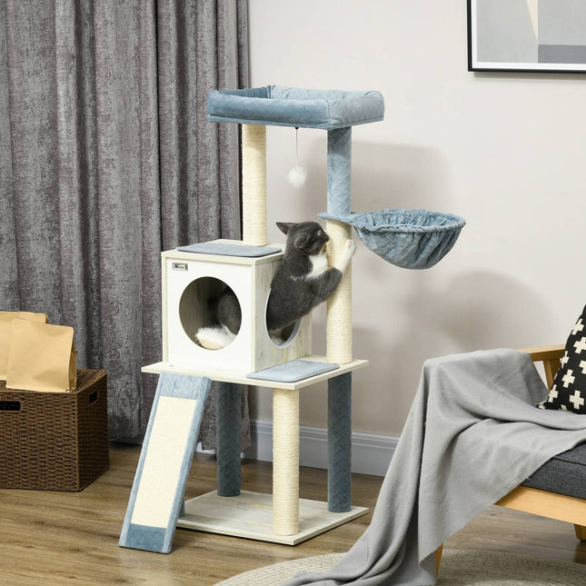 Cat tree, 114cm, Blue - With hanging bed & play ball