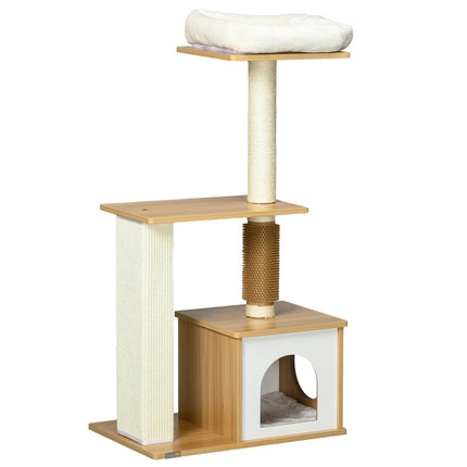 Multi-level cat tree with cave & scratching post, 114 cm, oak