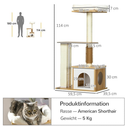 Multi-level cat tree with cave & scratching post, 114 cm, oak