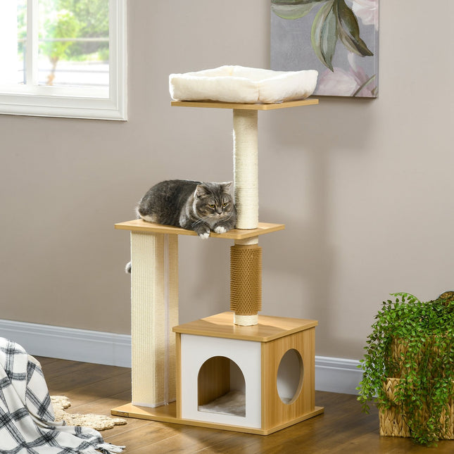 Multi-level cat tree with cave & scratching post, 114 cm, oak