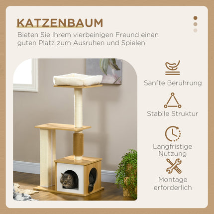 Multi-level cat tree with cave & scratching post, 114 cm, oak