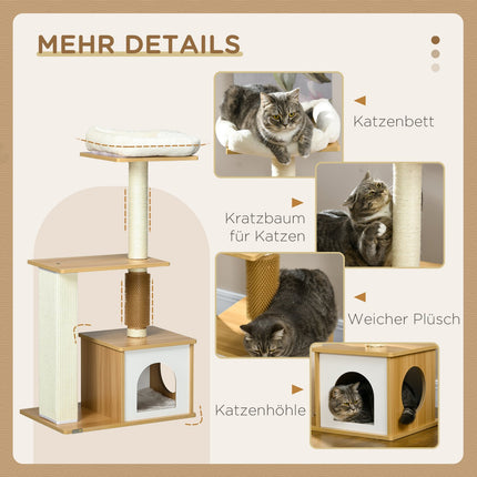 Multi-level cat tree with cave & scratching post, 114 cm, oak