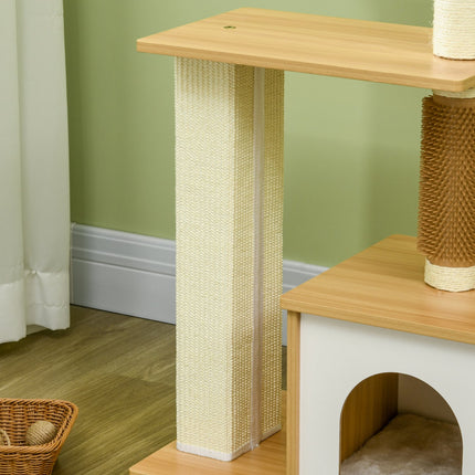 Multi-level cat tree with cave & scratching post, 114 cm, oak