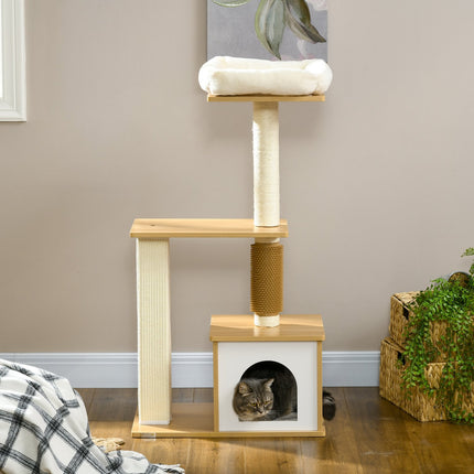 Multi-level cat tree with cave & scratching post, 114 cm, oak
