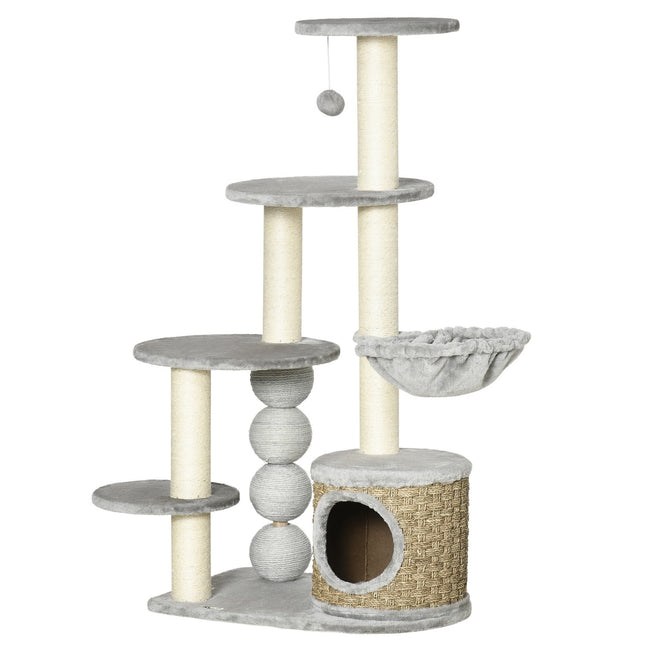 Cat tree with cave & hammock, 115.5 cm jute poles, light grey