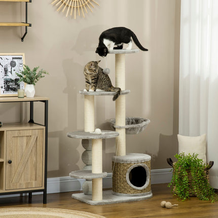 Cat tree with cave & hammock, 115.5 cm jute poles, light grey